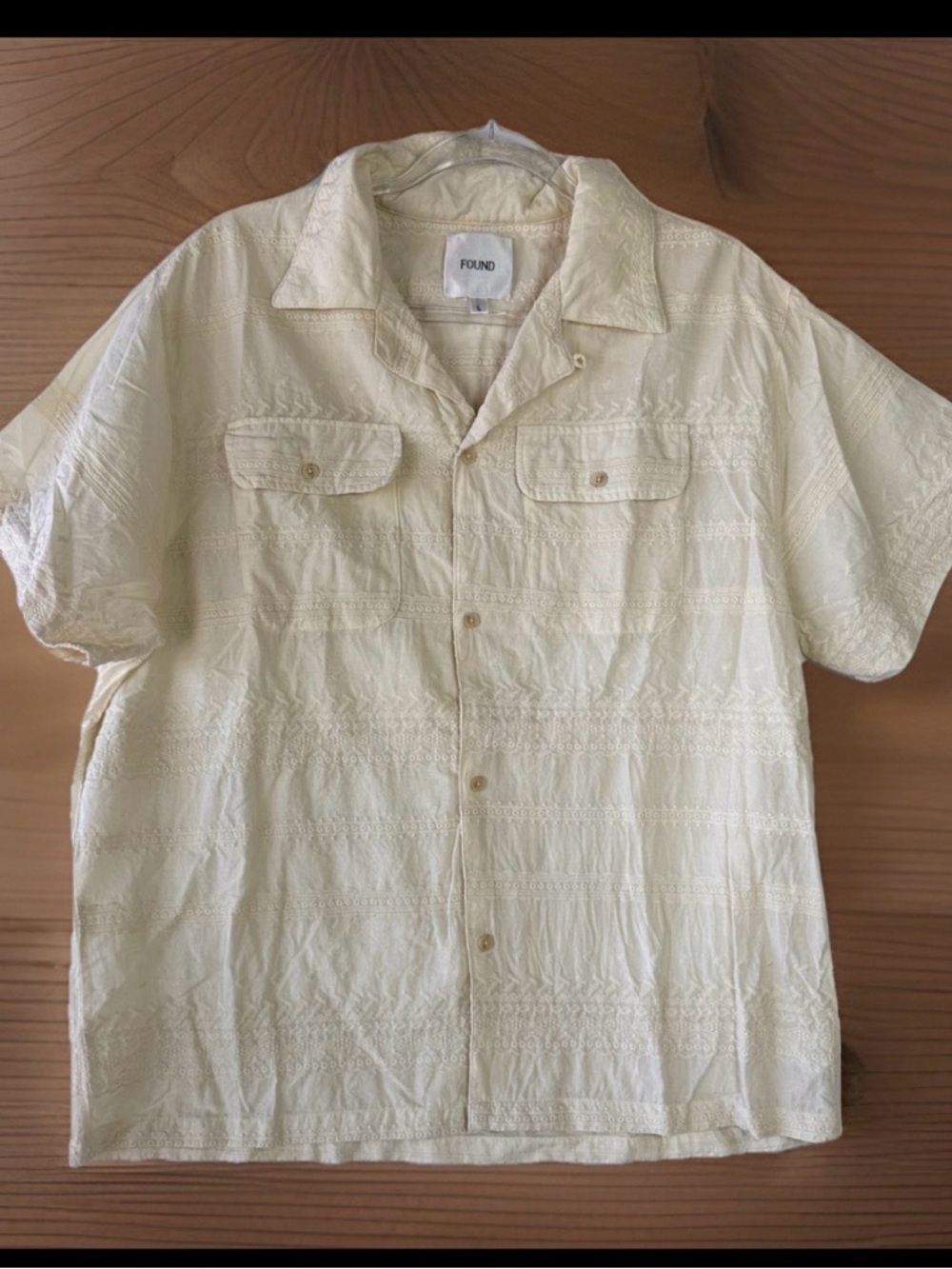 FOUND Co Camp Shirt Mens L Loop Collar Cream Embroidered Eyelet $135